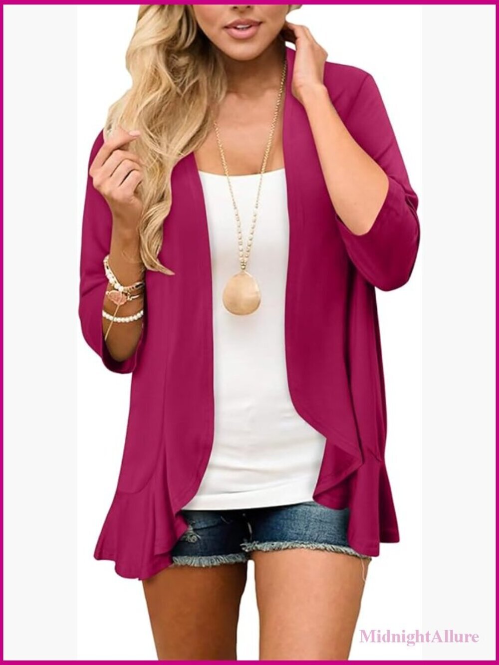 Lightweight Soft Open Front Cardigan with Ruffles 3/4 Sleeve Casual